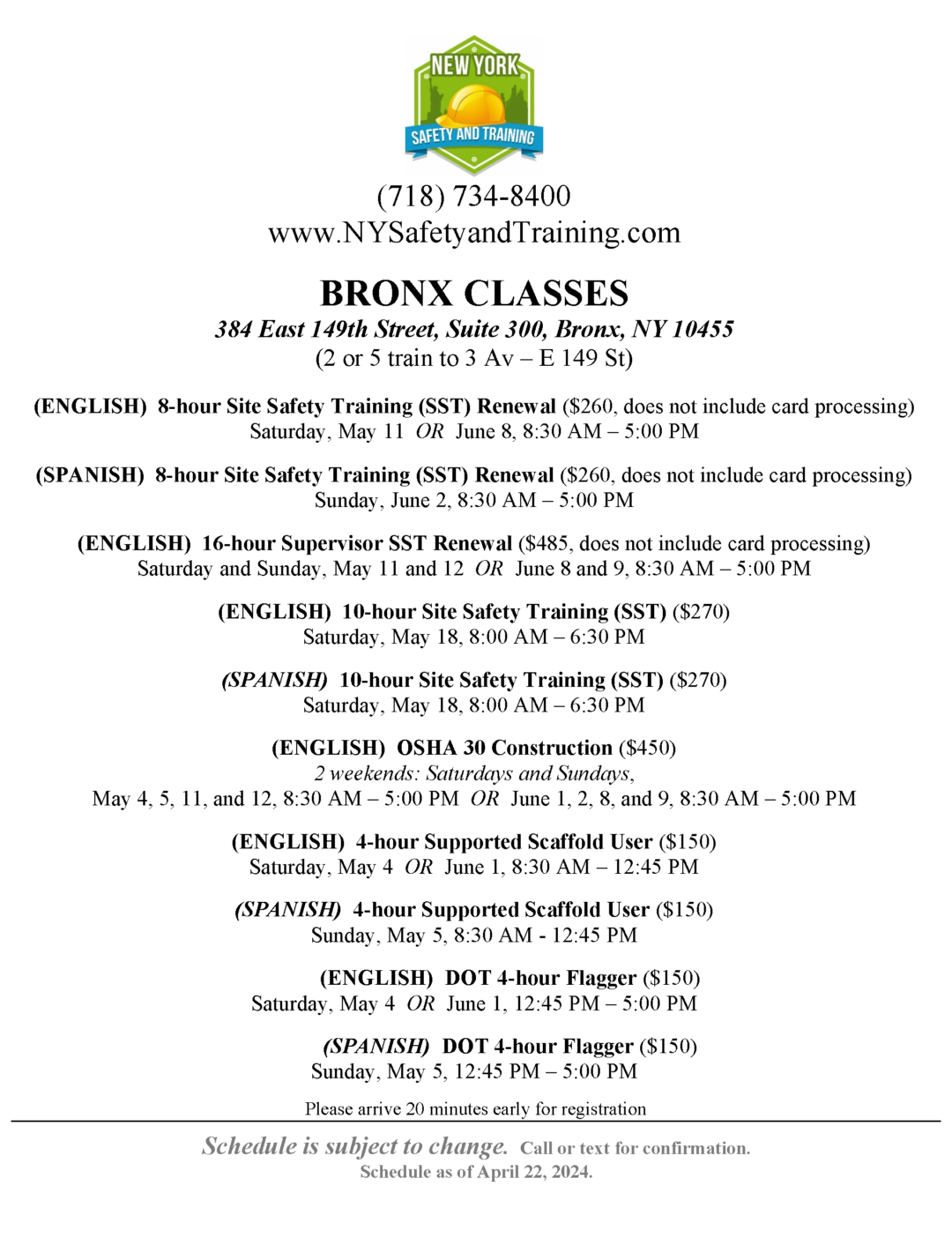 Schedule New York Safety and Training
