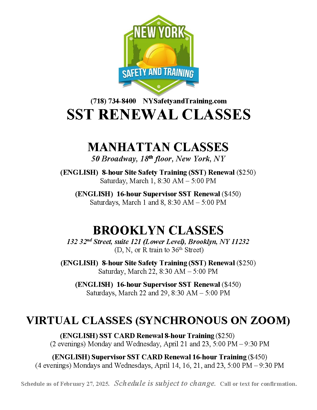NYST SST Renewal Classes 250227
