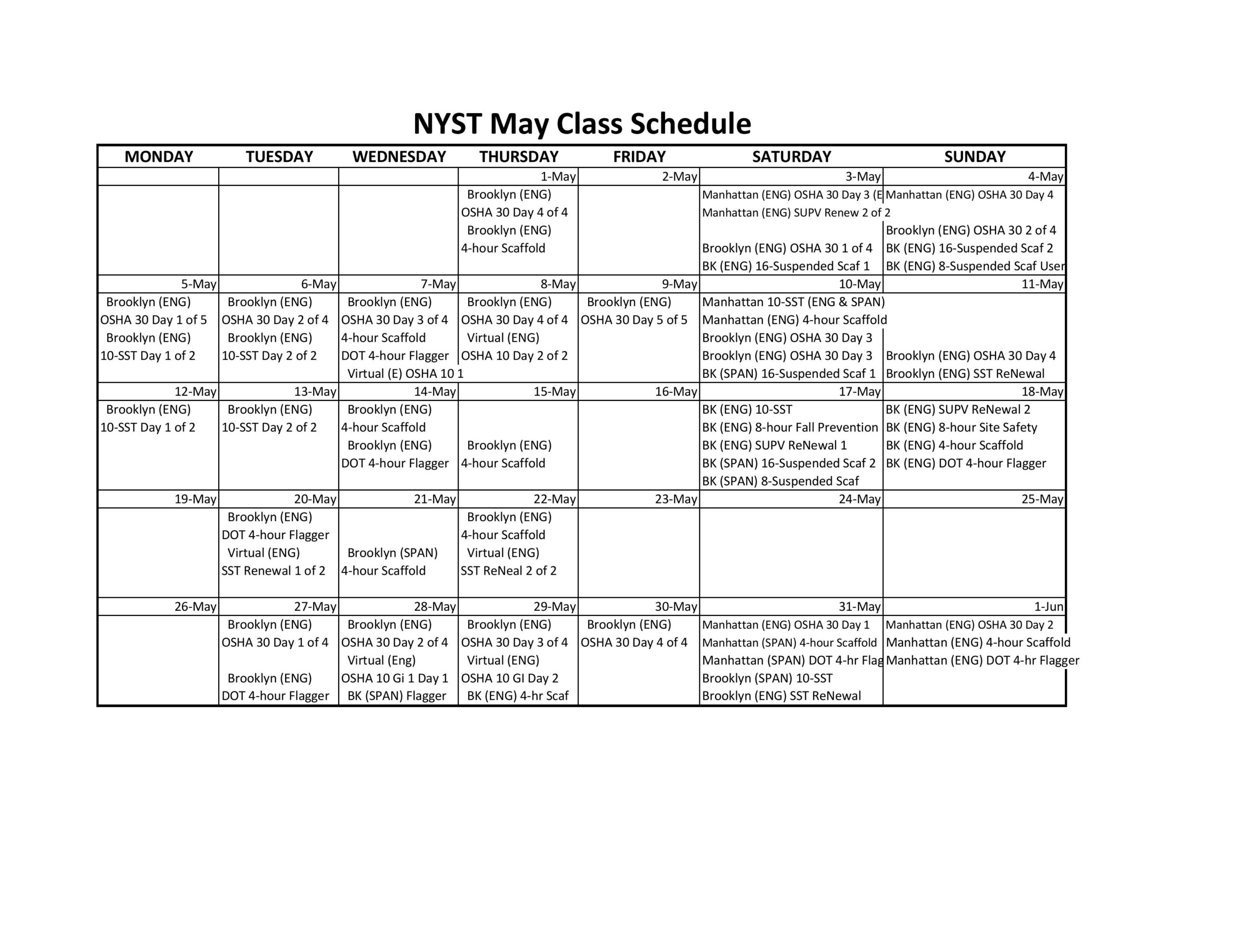 May Calendar Schedule